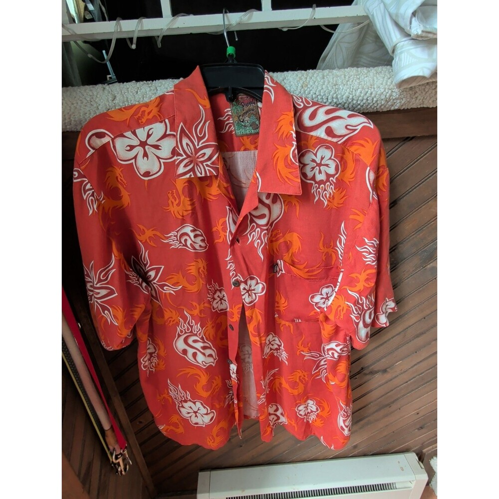 Vintage Pineapple Connection Men's Shirt Large Orange Flames Dragon Print